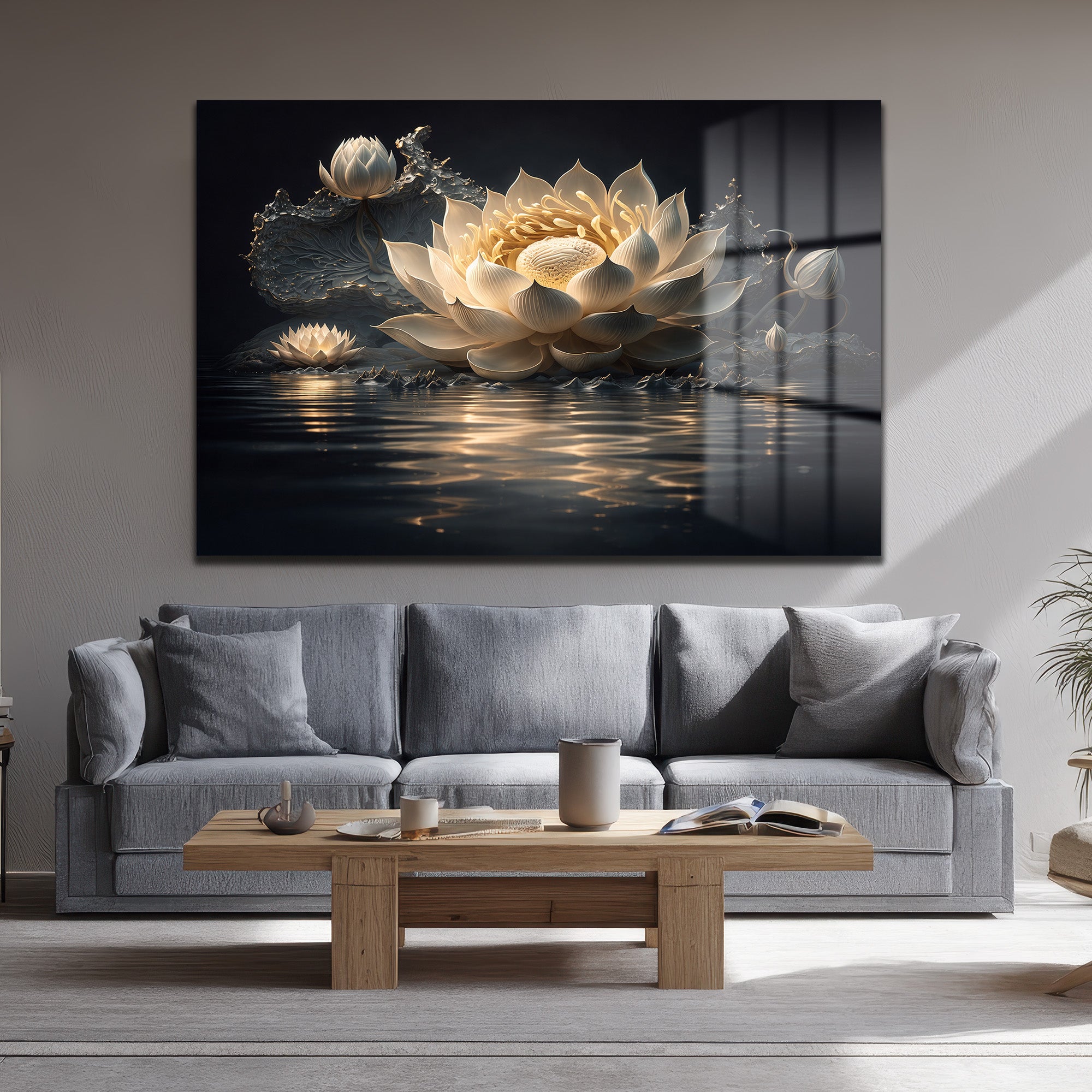 Su Üzerinde Zarafet: Beyaz Lotus Çiçeği Temperli Cam Tablo