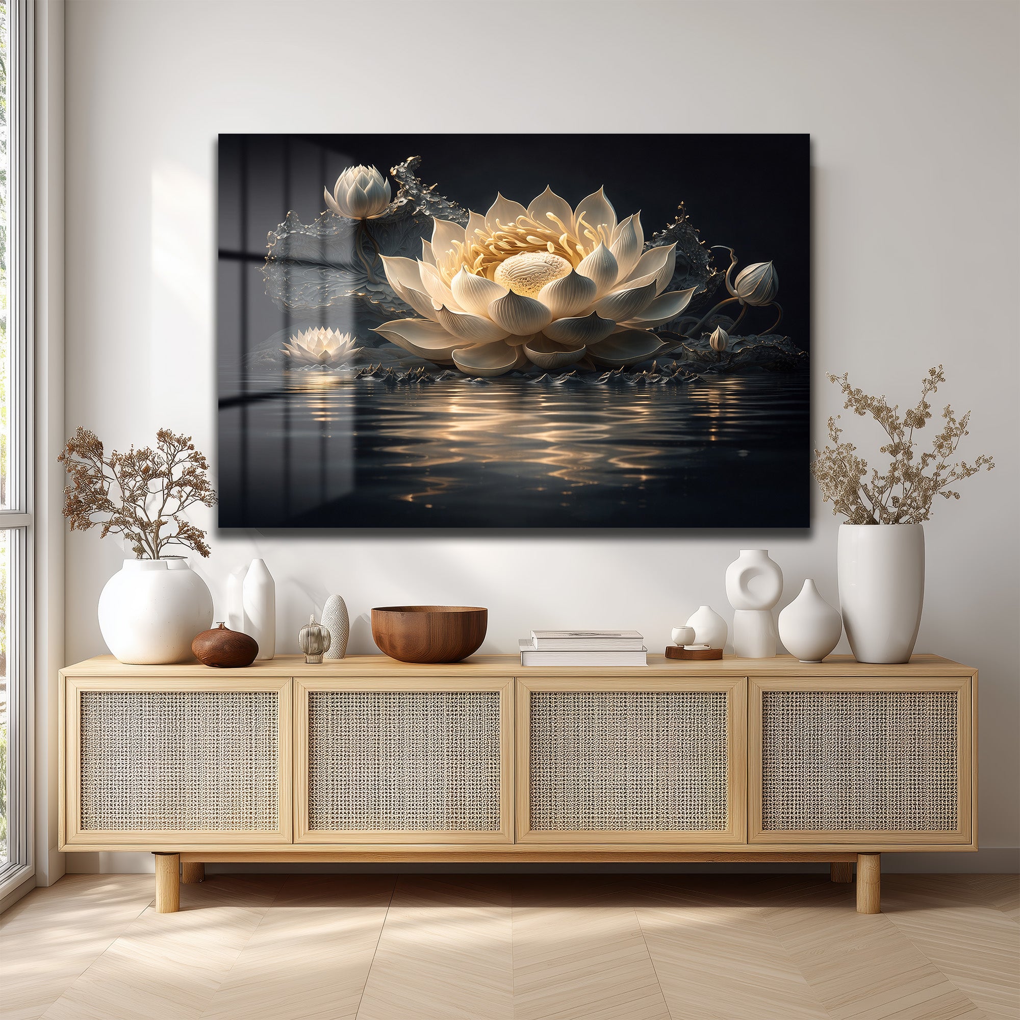 Su Üzerinde Zarafet: Beyaz Lotus Çiçeği Temperli Cam Tablo