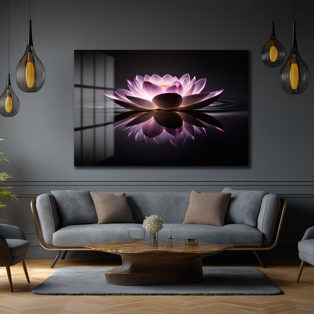 Işıltılı Lotus Çiçeği: Zen Huzuru Veren Modern Cam Tablo
