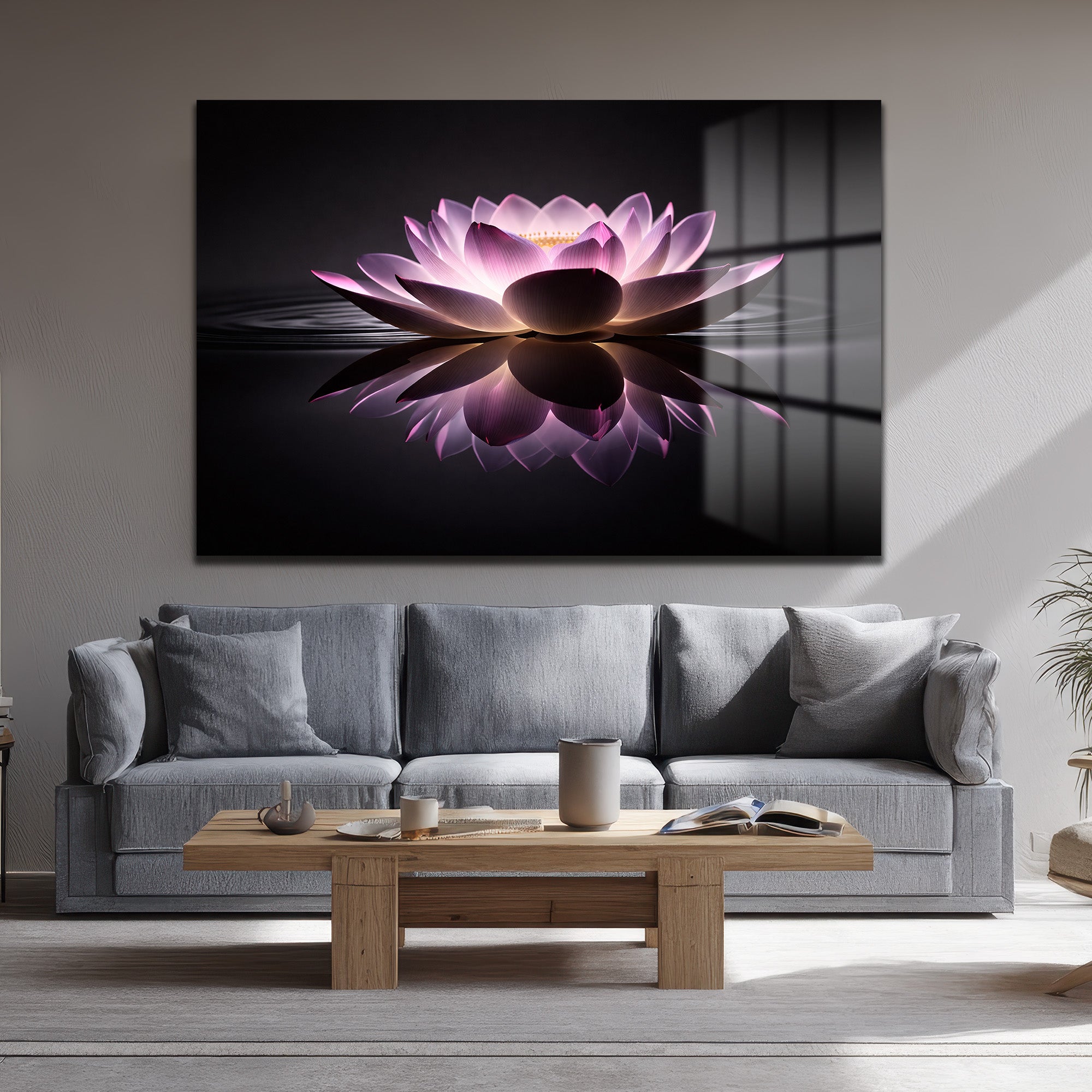 Işıltılı Lotus Çiçeği: Zen Huzuru Veren Modern Cam Tablo