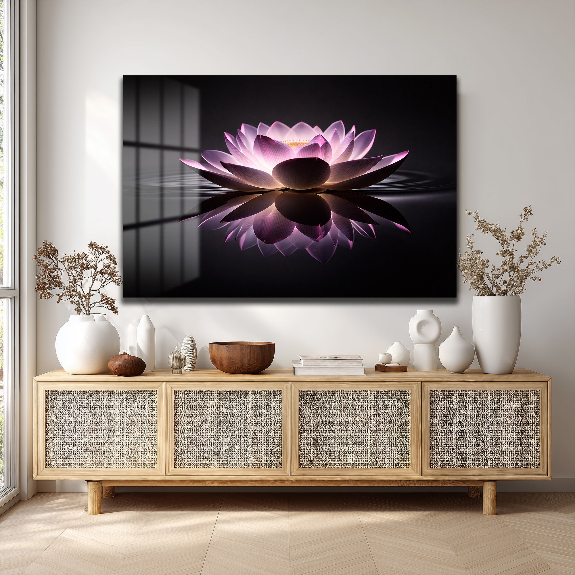 Işıltılı Lotus Çiçeği: Zen Huzuru Veren Modern Cam Tablo