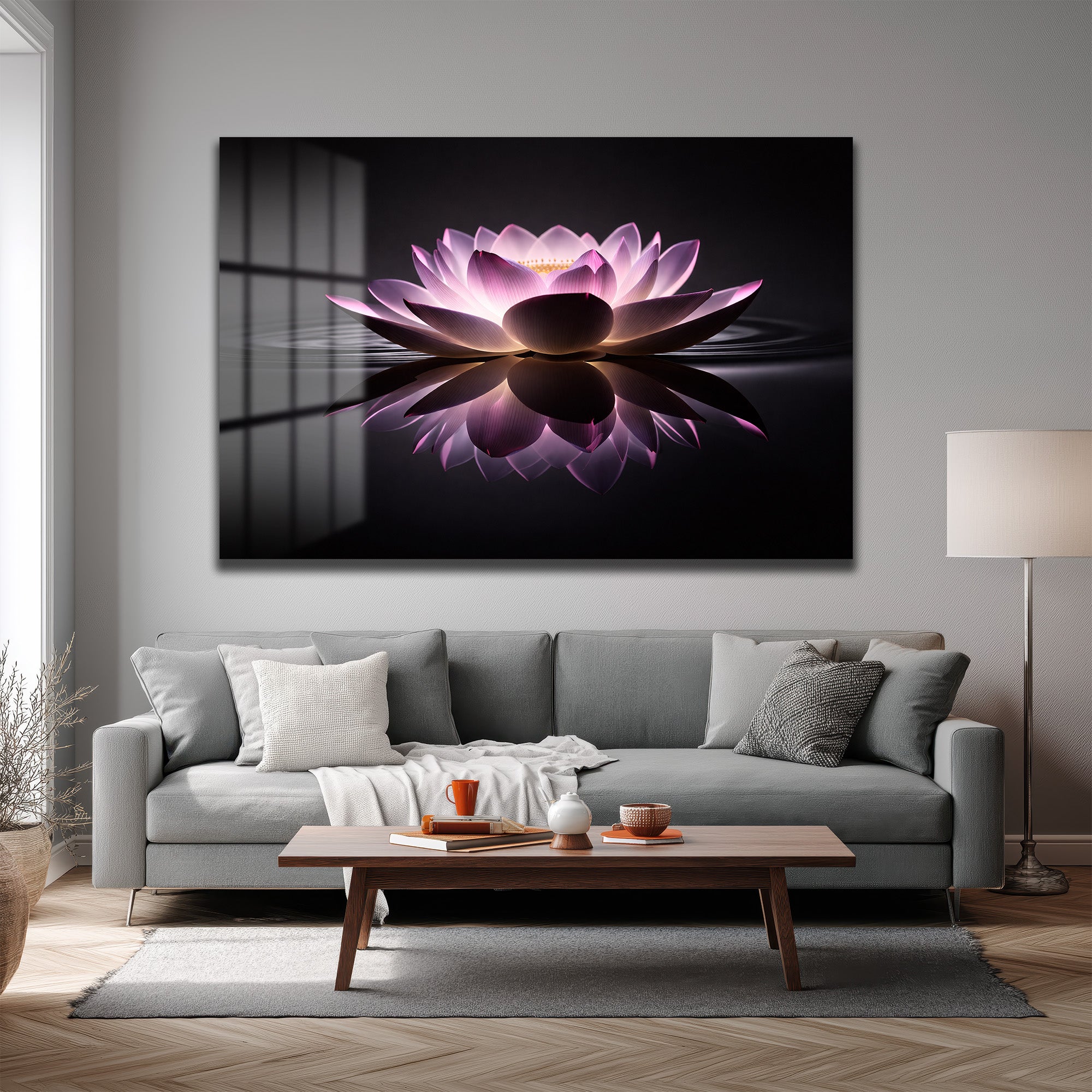Işıltılı Lotus Çiçeği: Zen Huzuru Veren Modern Cam Tablo