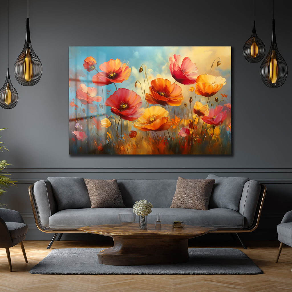 Canlı Gelincik Tarlası: Modern Sanat Temperli Cam Tablo