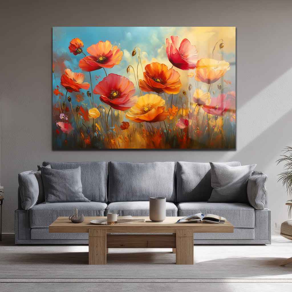 Canlı Gelincik Tarlası: Modern Sanat Temperli Cam Tablo