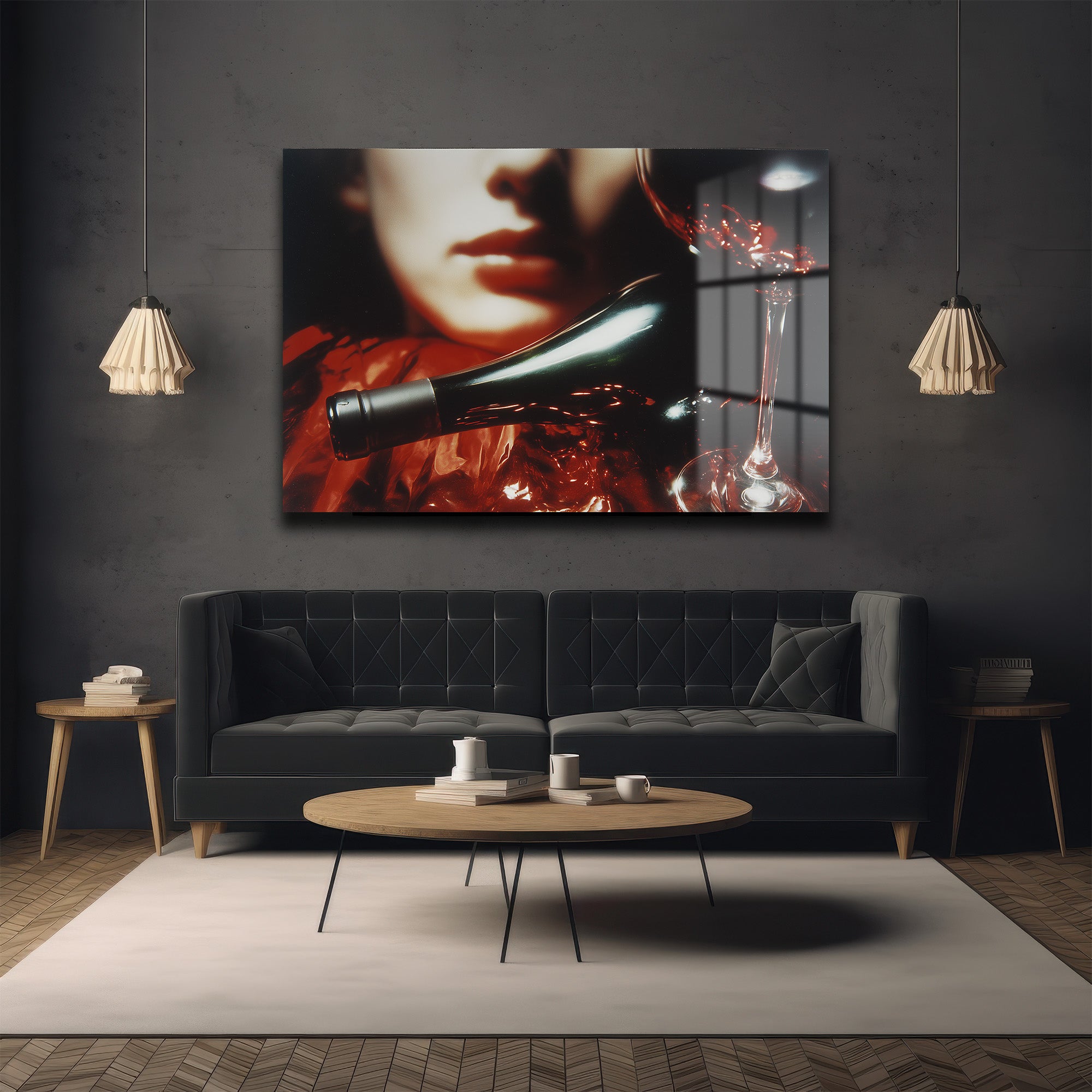Gizemli Çekim: Şarap ve Dudaklar Temalı Modern Cam Tablo