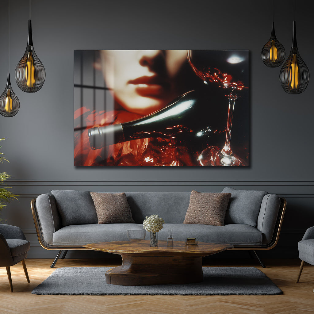 Gizemli Çekim: Şarap ve Dudaklar Temalı Modern Cam Tablo