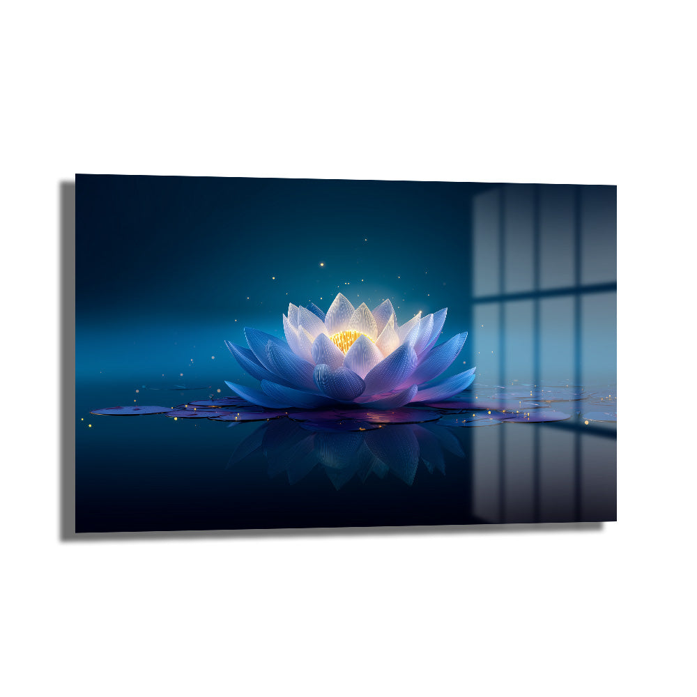 Sonsuzluk Mavisi: Işıltılı Lotus Çiçeği Temperli Cam Tablo