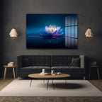Sonsuzluk Mavisi: Işıltılı Lotus Çiçeği Temperli Cam Tablo
