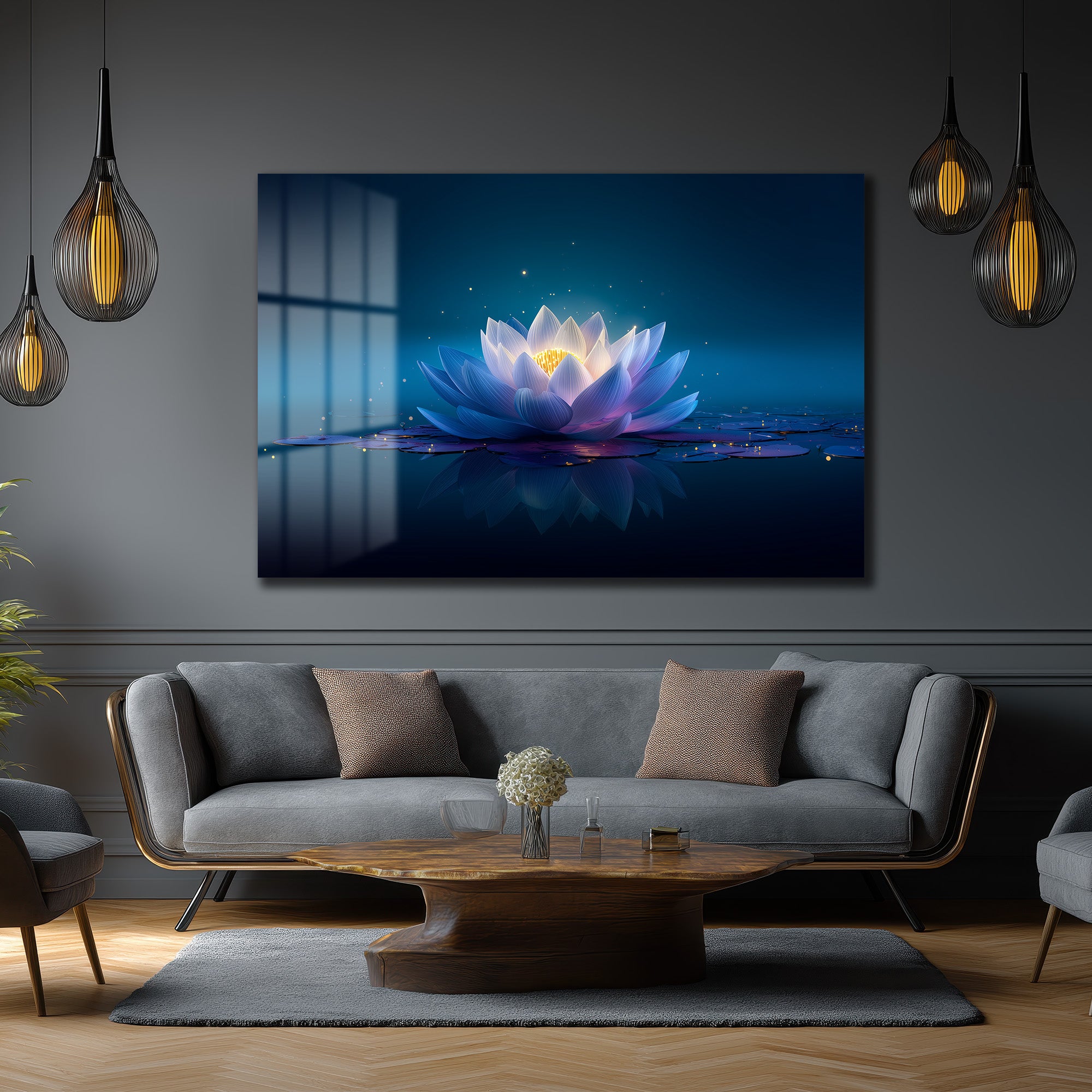 Sonsuzluk Mavisi: Işıltılı Lotus Çiçeği Temperli Cam Tablo