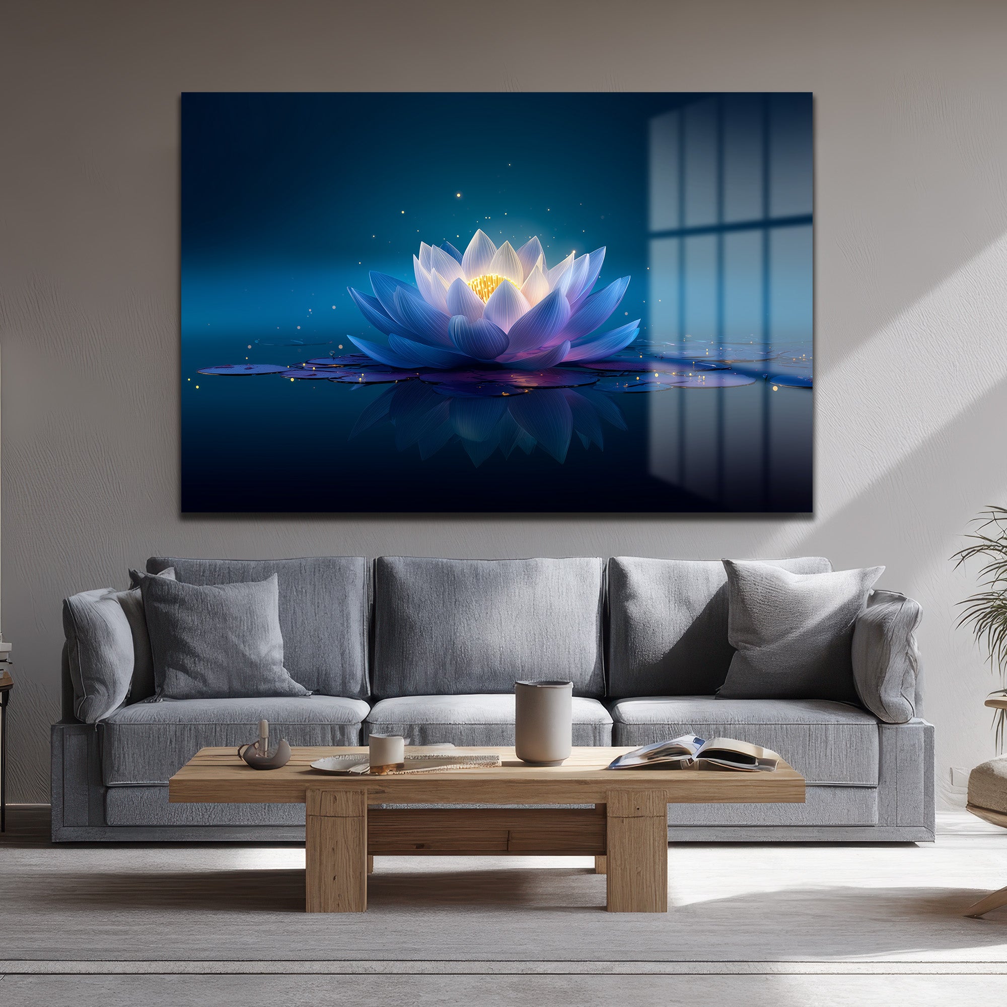 Sonsuzluk Mavisi: Işıltılı Lotus Çiçeği Temperli Cam Tablo