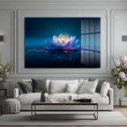 Sonsuzluk Mavisi: Işıltılı Lotus Çiçeği Temperli Cam Tablo