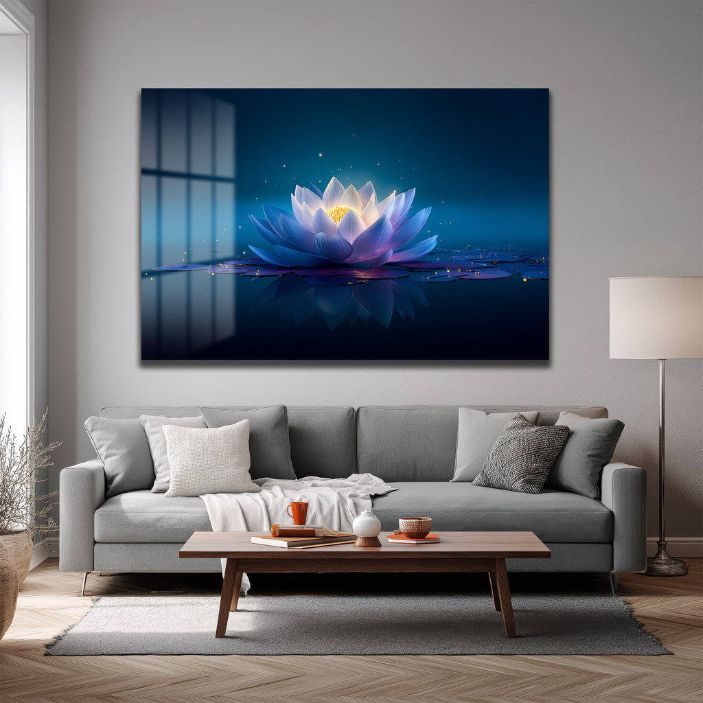 Sonsuzluk Mavisi: Işıltılı Lotus Çiçeği Temperli Cam Tablo