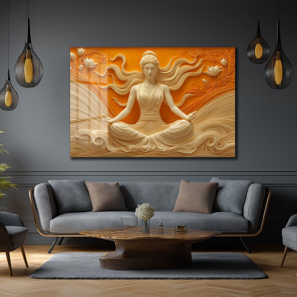 Huzur Meditasyonu: Lotus ve Dalgaların Dansı Temperli Cam Tablo