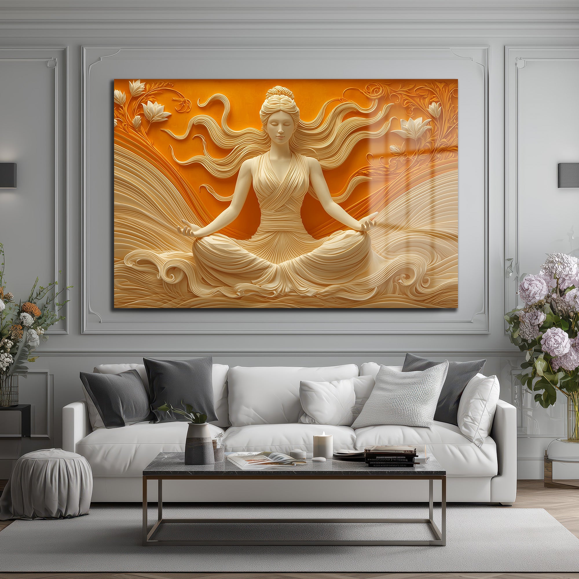 Huzur Meditasyonu: Lotus ve Dalgaların Dansı Temperli Cam Tablo