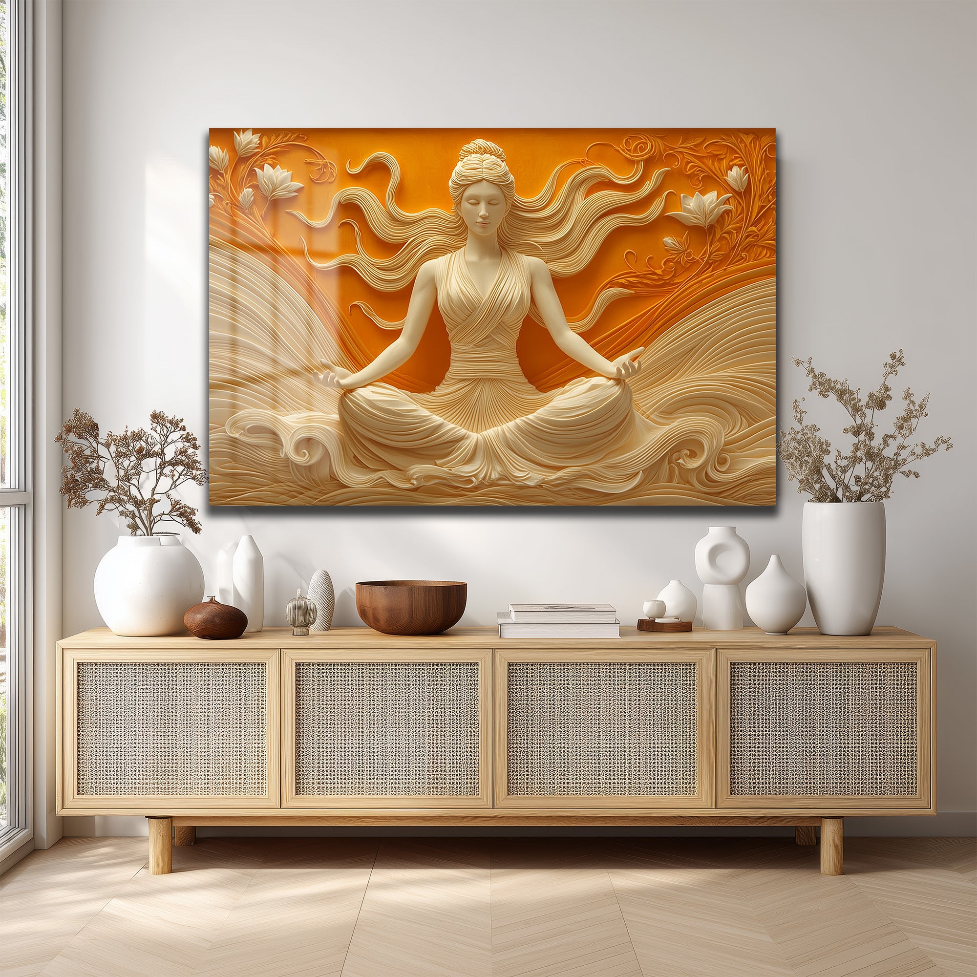 Huzur Meditasyonu: Lotus ve Dalgaların Dansı Temperli Cam Tablo
