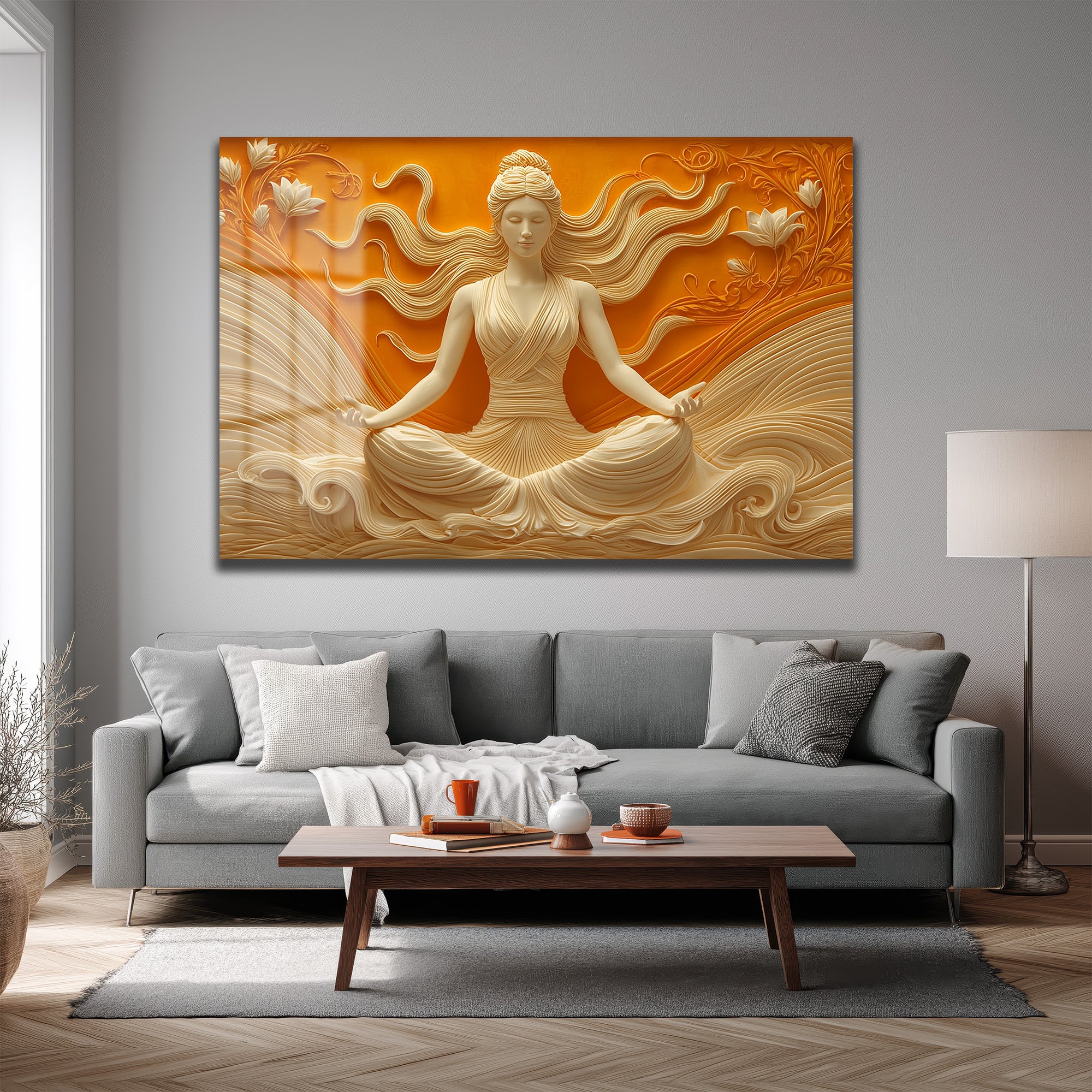 Huzur Meditasyonu: Lotus ve Dalgaların Dansı Temperli Cam Tablo