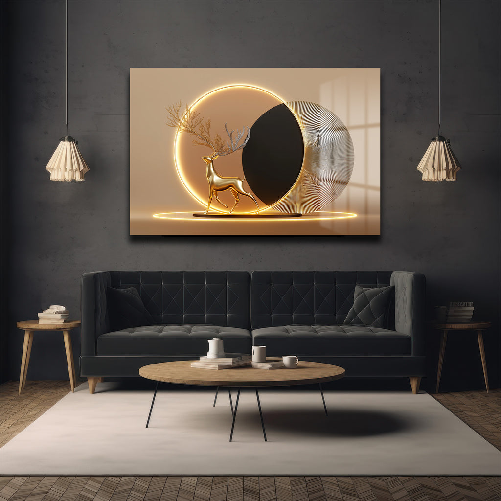 Altın Geyik Aura: Işıltılı Modern Cam Tablo