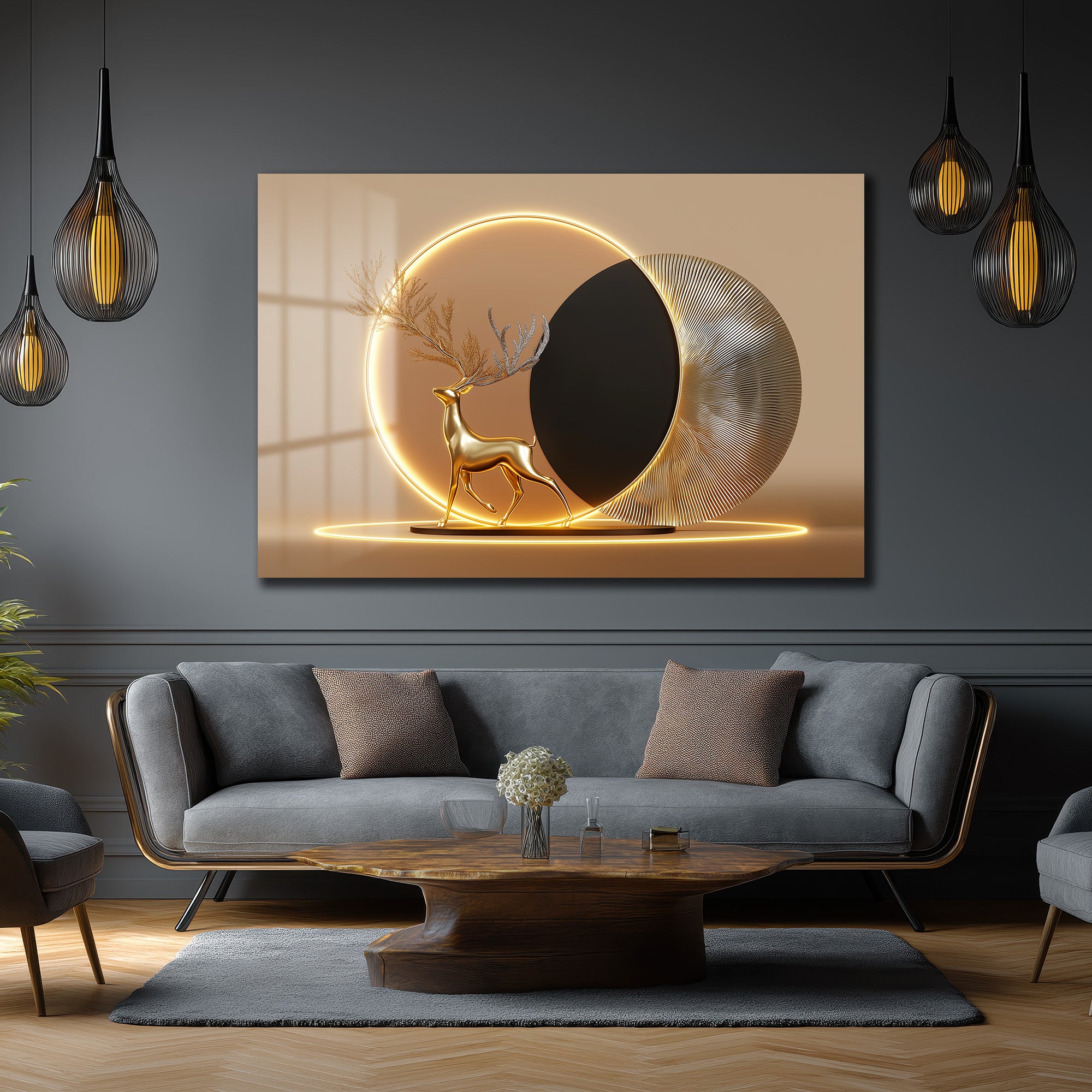 Altın Geyik Aura: Işıltılı Modern Cam Tablo