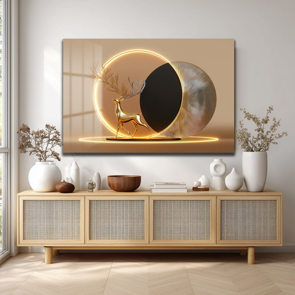 Altın Geyik Aura: Işıltılı Modern Cam Tablo