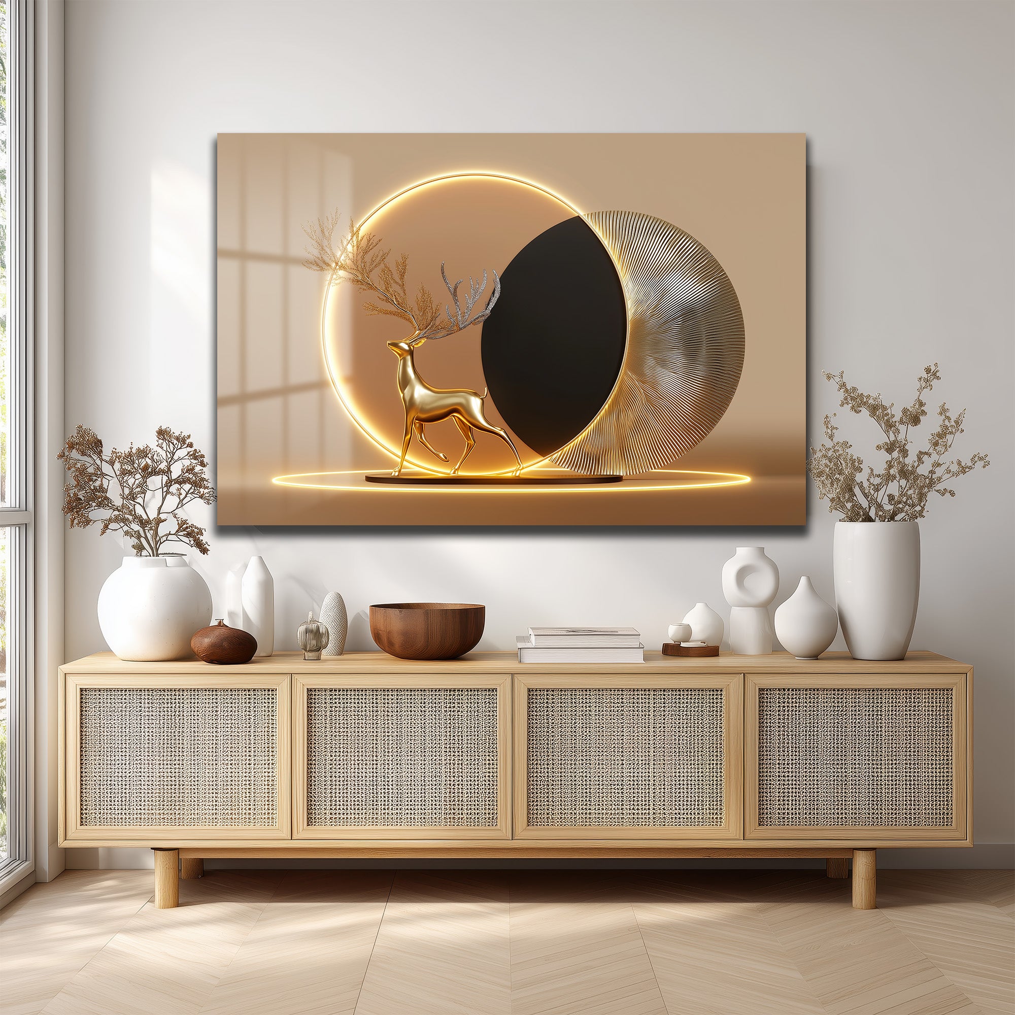 Altın Geyik Aura: Işıltılı Modern Cam Tablo
