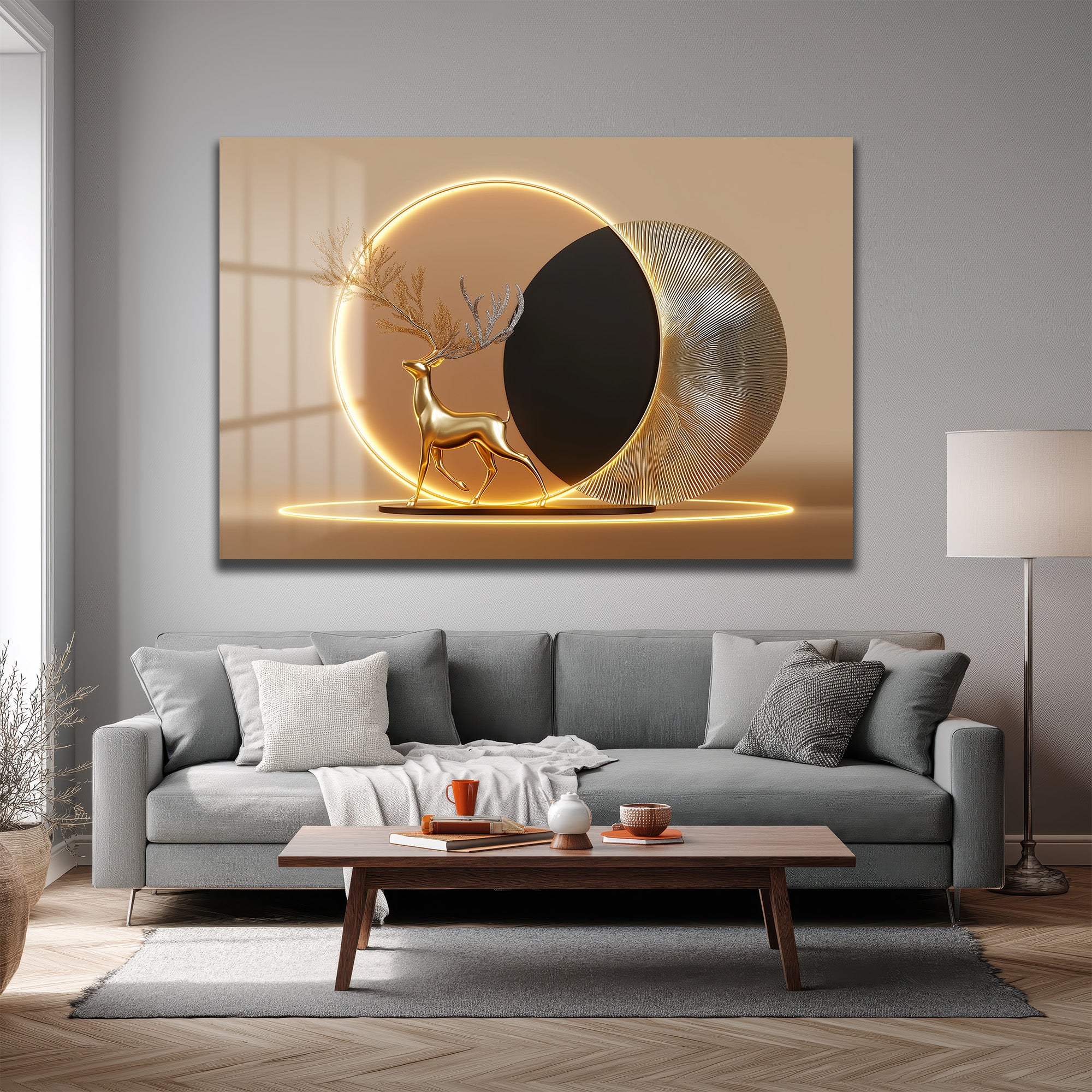 Altın Geyik Aura: Işıltılı Modern Cam Tablo