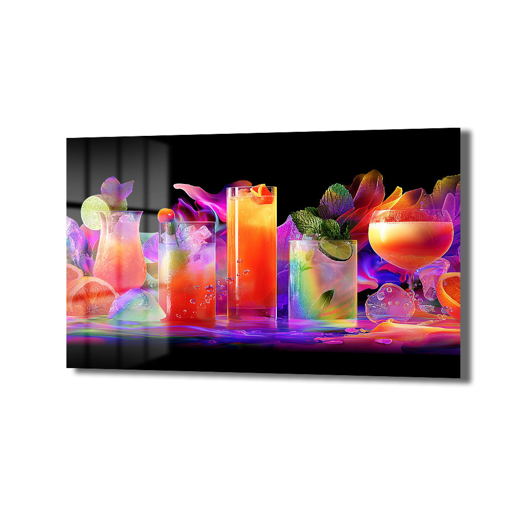 Canlı neon renklerde beş farklı kokteylin yer aldığı, modern ve enerjik bir temperli cam tablo, salon veya mutfak duvar dekorasyonu için ideal.
