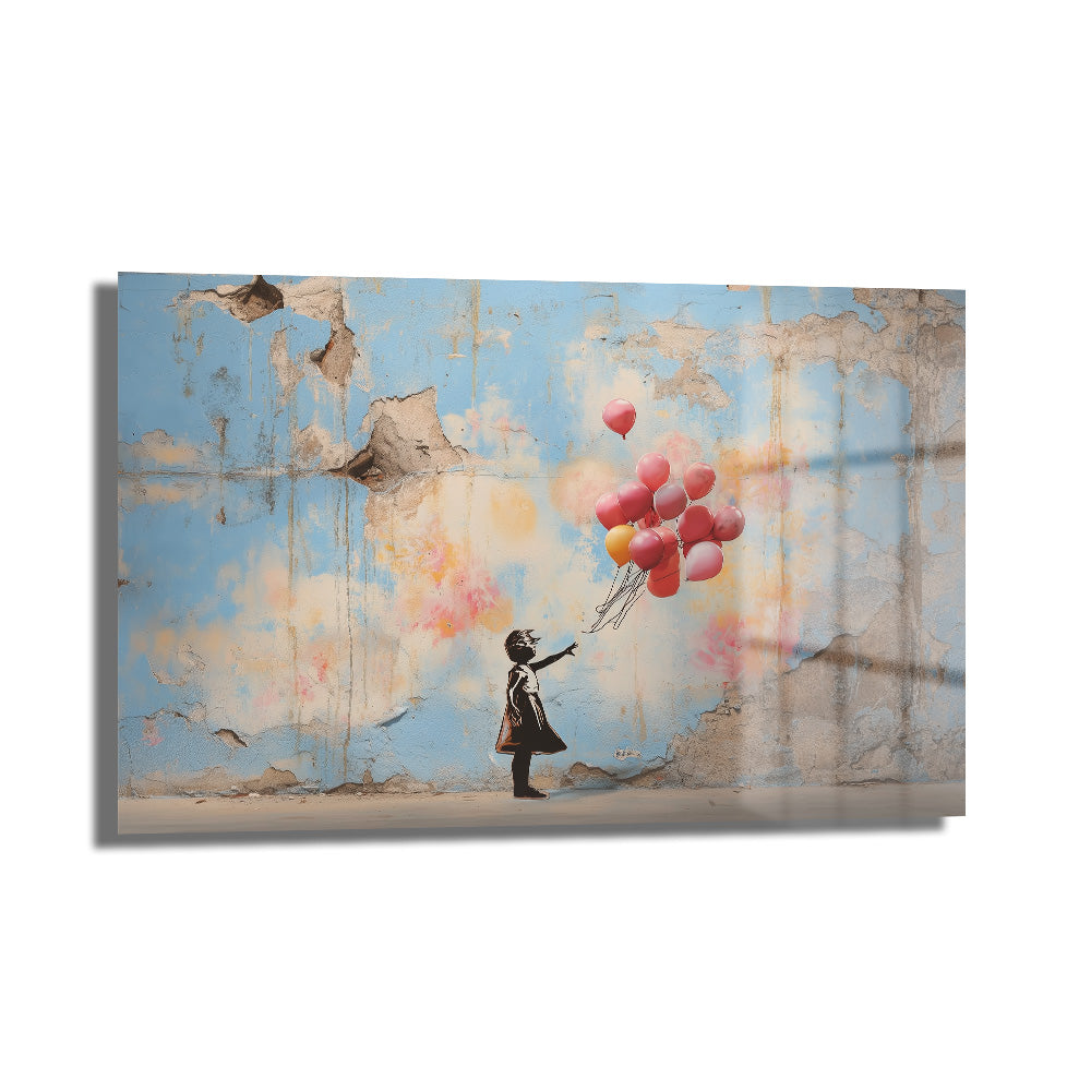Umut Balonları: Banksy Tarzı Kız ve Balonlar Cam Tablo