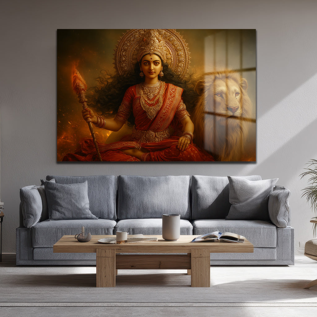 Durga Devi ve Aslan: Kutsal Güç ve Zarafet Temalı Dekoratif Cam Tablo