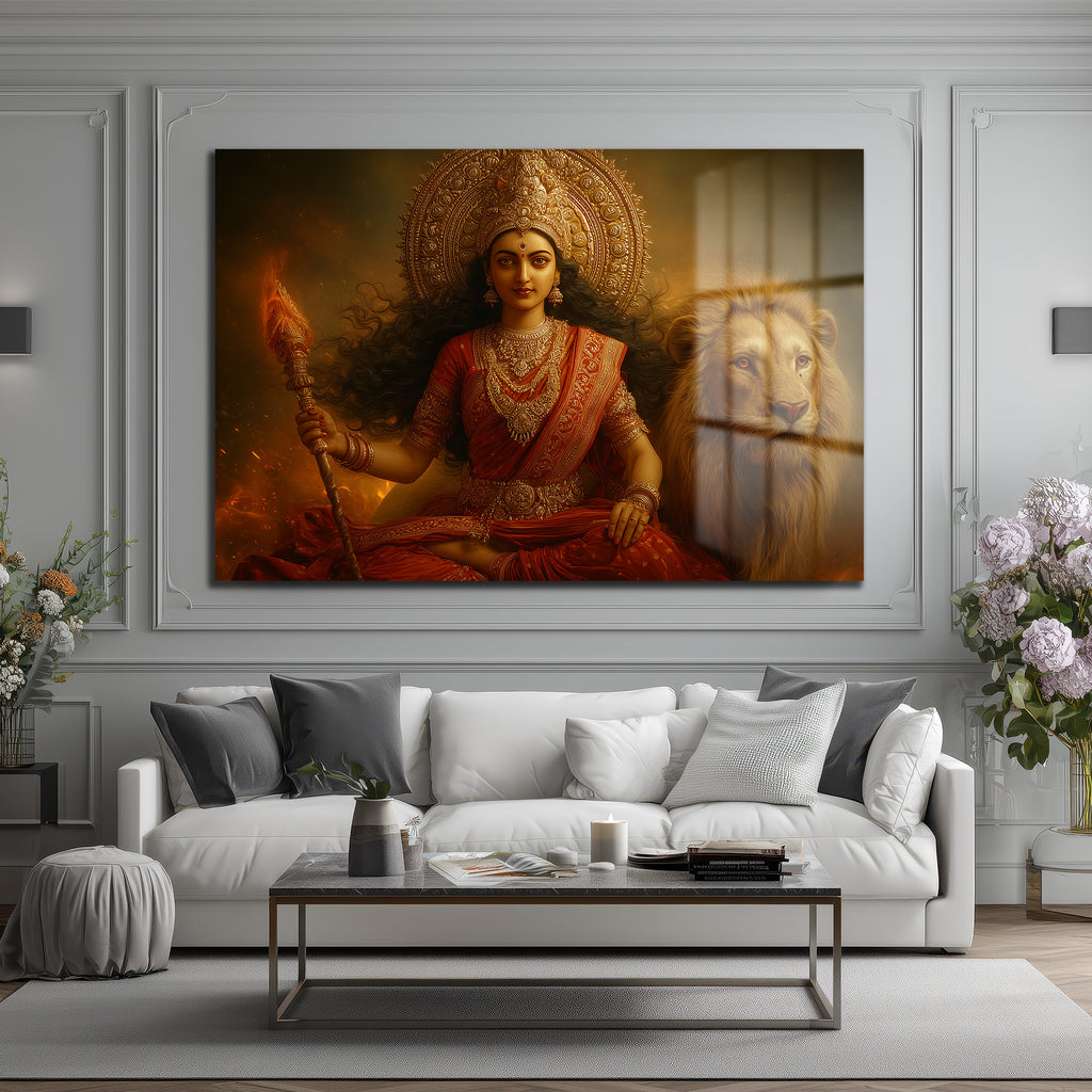 Durga Devi ve Aslan: Kutsal Güç ve Zarafet Temalı Dekoratif Cam Tablo