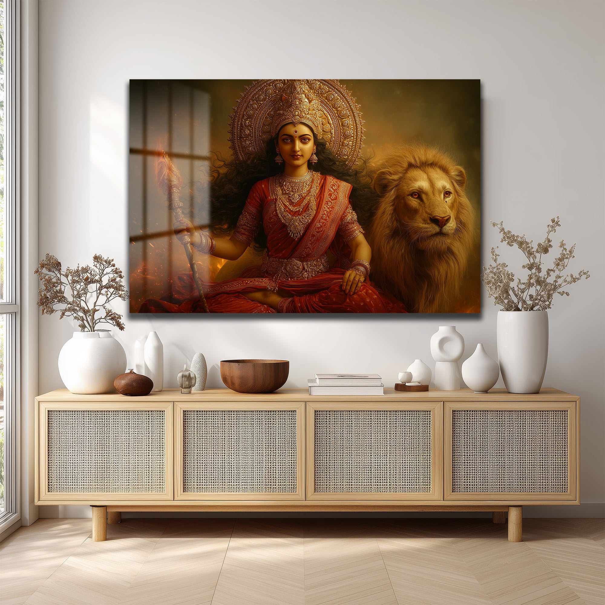 Durga Devi ve Aslan: Kutsal Güç ve Zarafet Temalı Dekoratif Cam Tablo