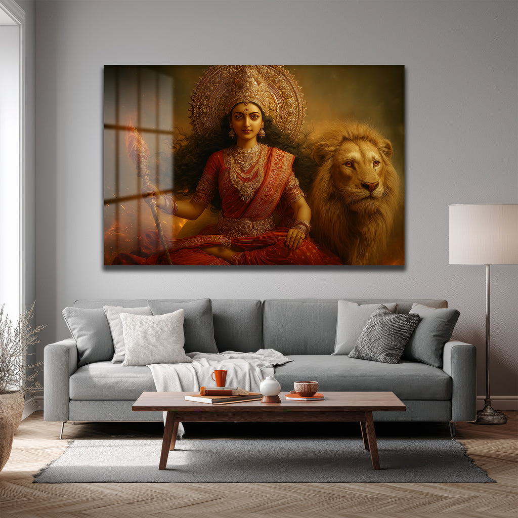 Durga Devi ve Aslan: Kutsal Güç ve Zarafet Temalı Dekoratif Cam Tablo