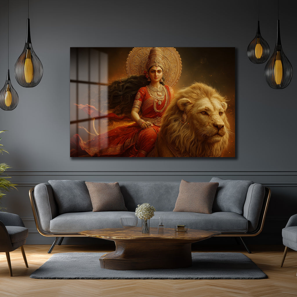 İlahi Güç: Aslan Üzerinde Tanrıça Figürlü Dekoratif Cam Tablo