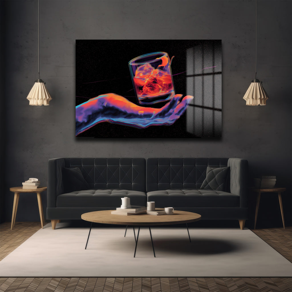 Neon Ritüel: Dijital El ve Kokteyl Temalı Modern Cam Tablo
