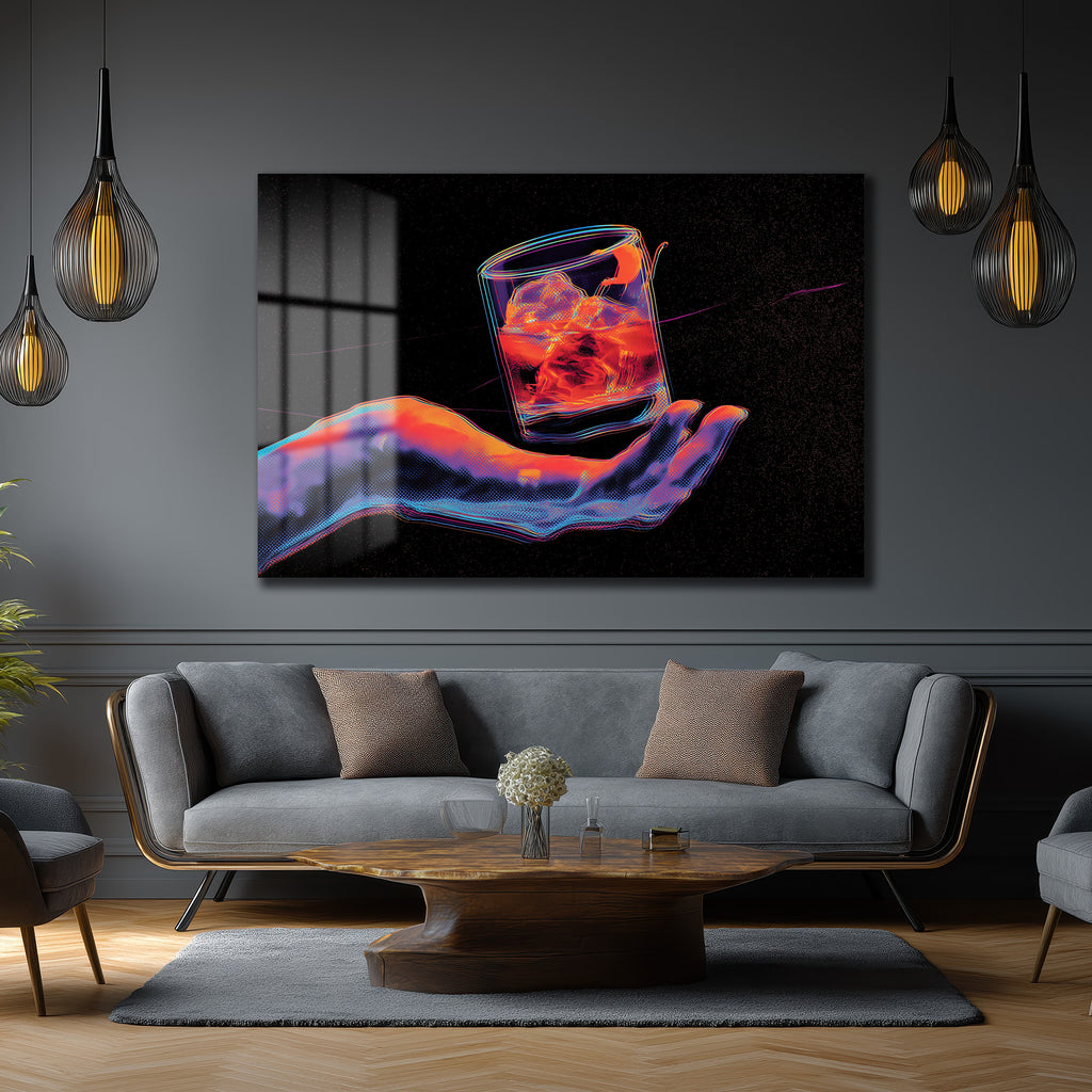 Neon Ritüel: Dijital El ve Kokteyl Temalı Modern Cam Tablo