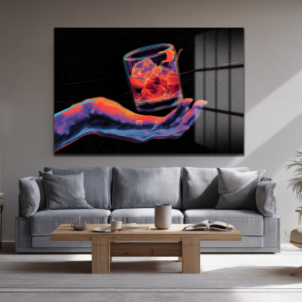 Neon Ritüel: Dijital El ve Kokteyl Temalı Modern Cam Tablo