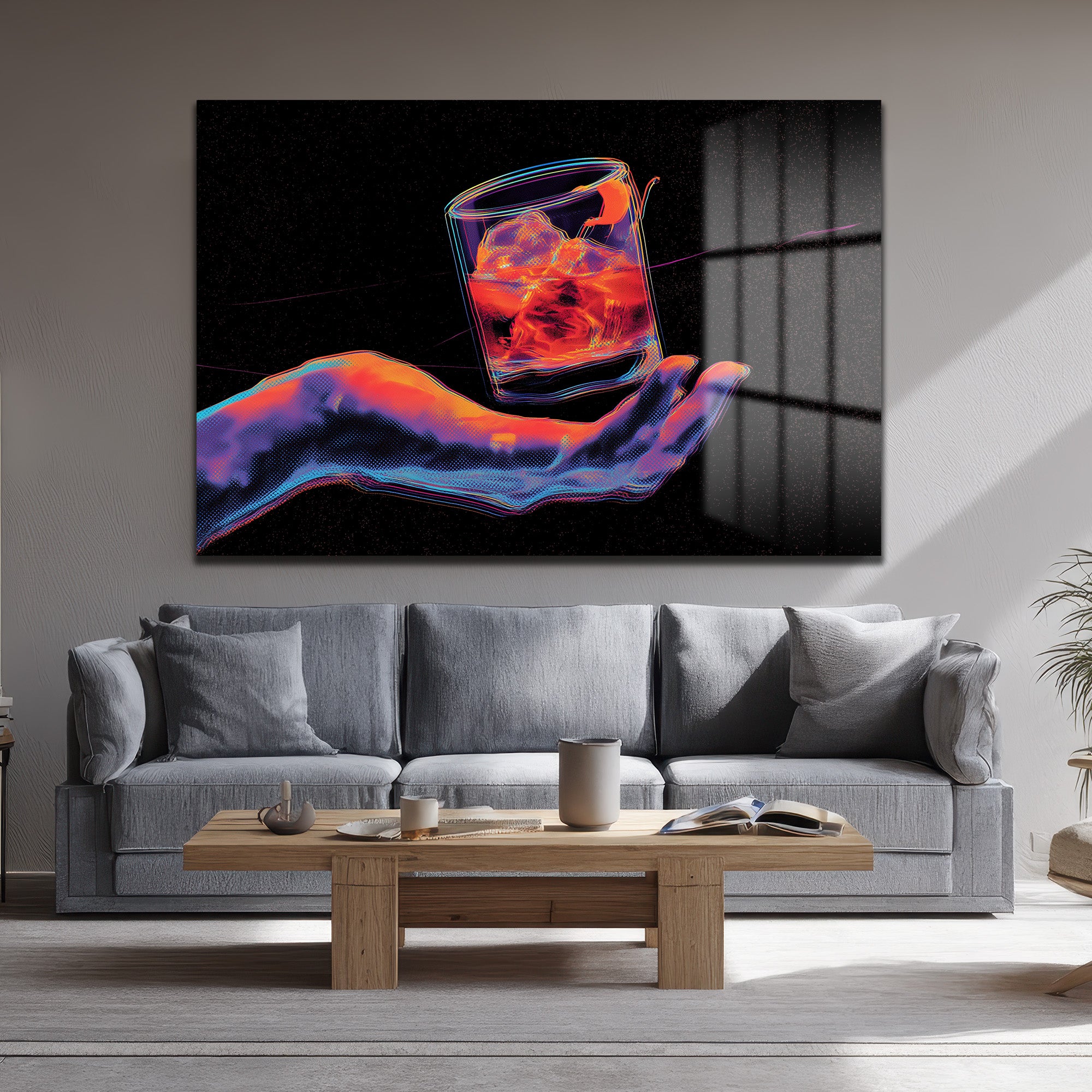 Neon Ritüel: Dijital El ve Kokteyl Temalı Modern Cam Tablo