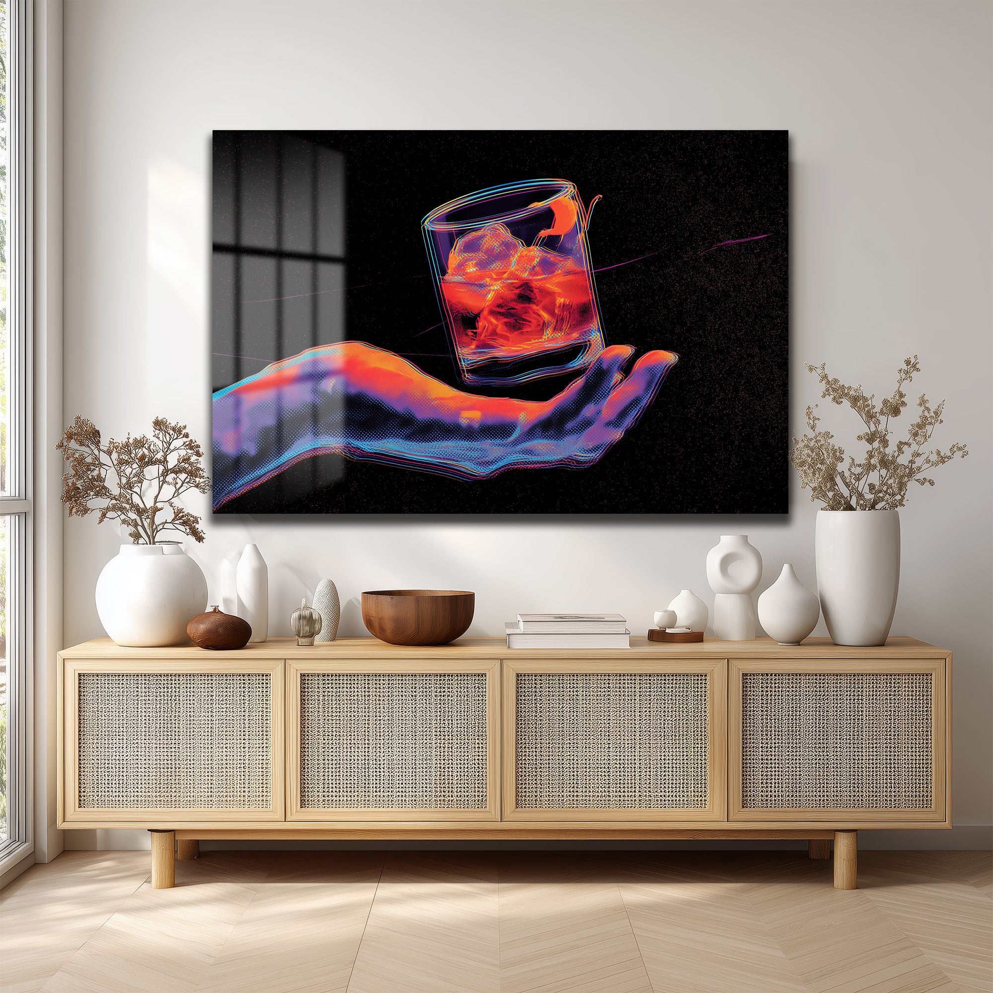 Neon Ritüel: Dijital El ve Kokteyl Temalı Modern Cam Tablo