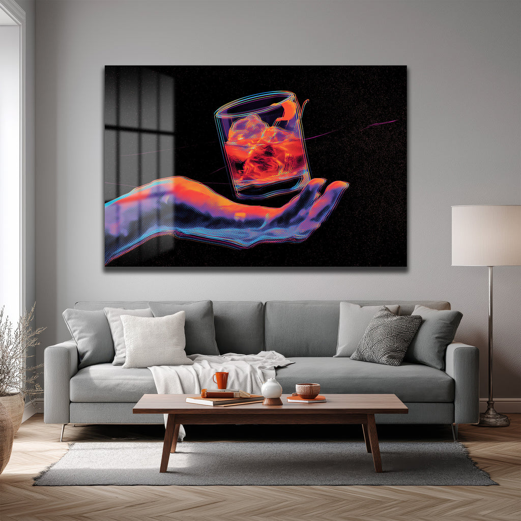 Neon Ritüel: Dijital El ve Kokteyl Temalı Modern Cam Tablo