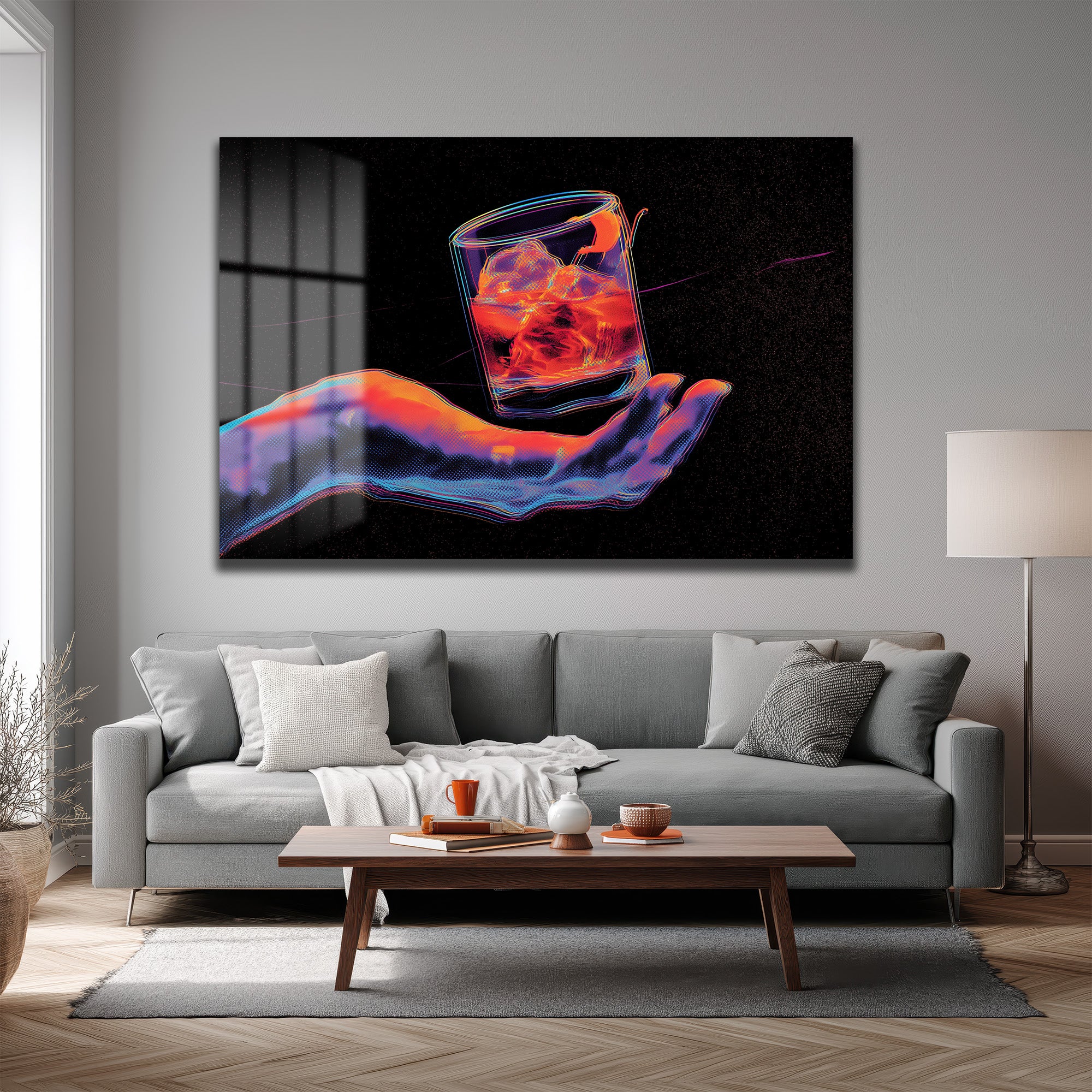 Neon Ritüel: Dijital El ve Kokteyl Temalı Modern Cam Tablo