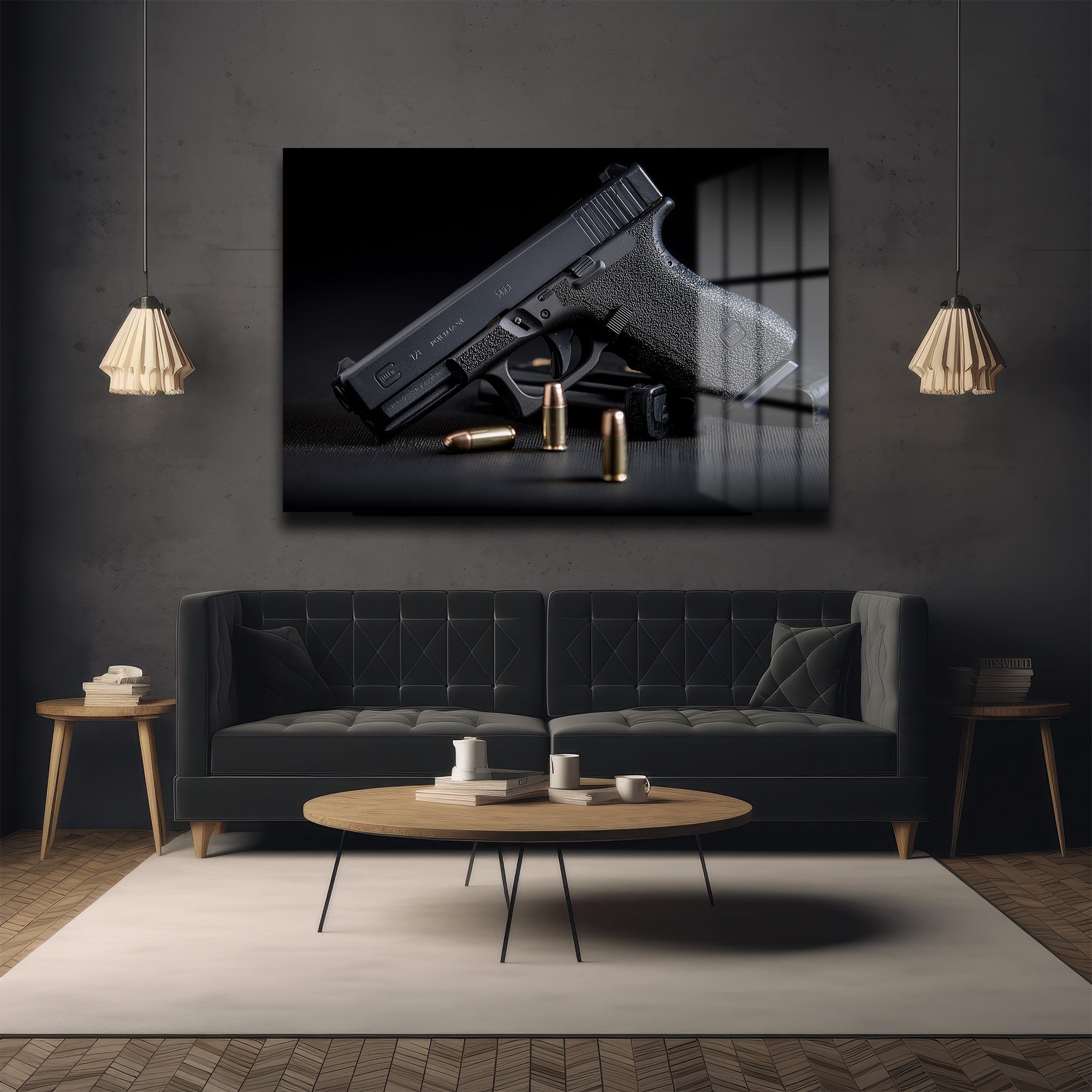 Taktik Zarafet: Glock ve Mermiler Cam Duvar Tablosu