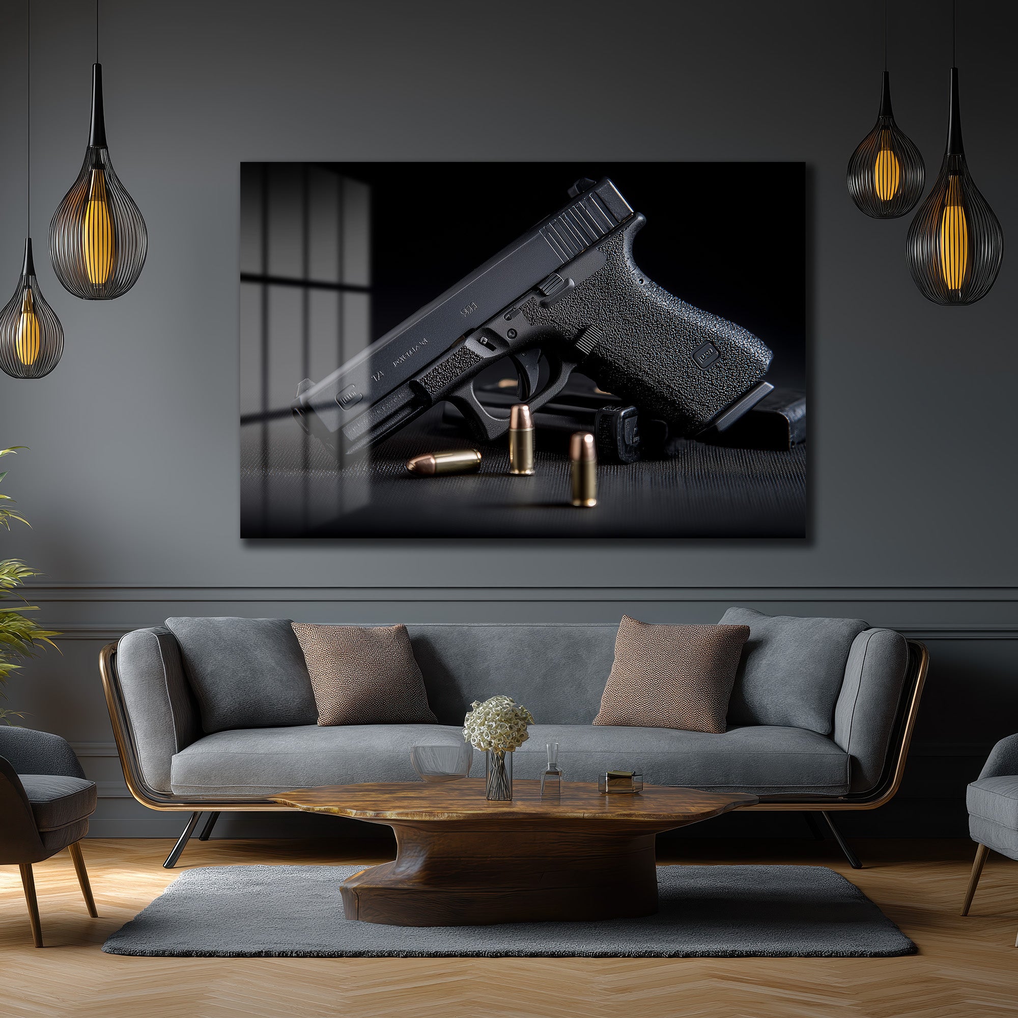 Taktik Zarafet: Glock ve Mermiler Cam Duvar Tablosu