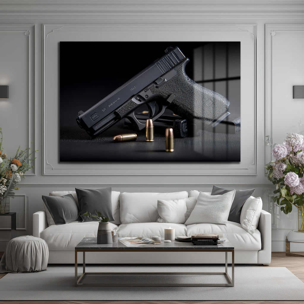Taktik Zarafet: Glock ve Mermiler Cam Duvar Tablosu