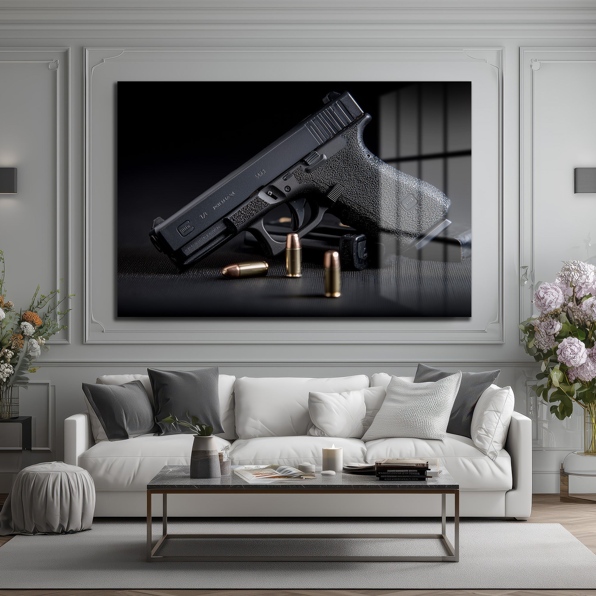 Taktik Zarafet: Glock ve Mermiler Cam Duvar Tablosu