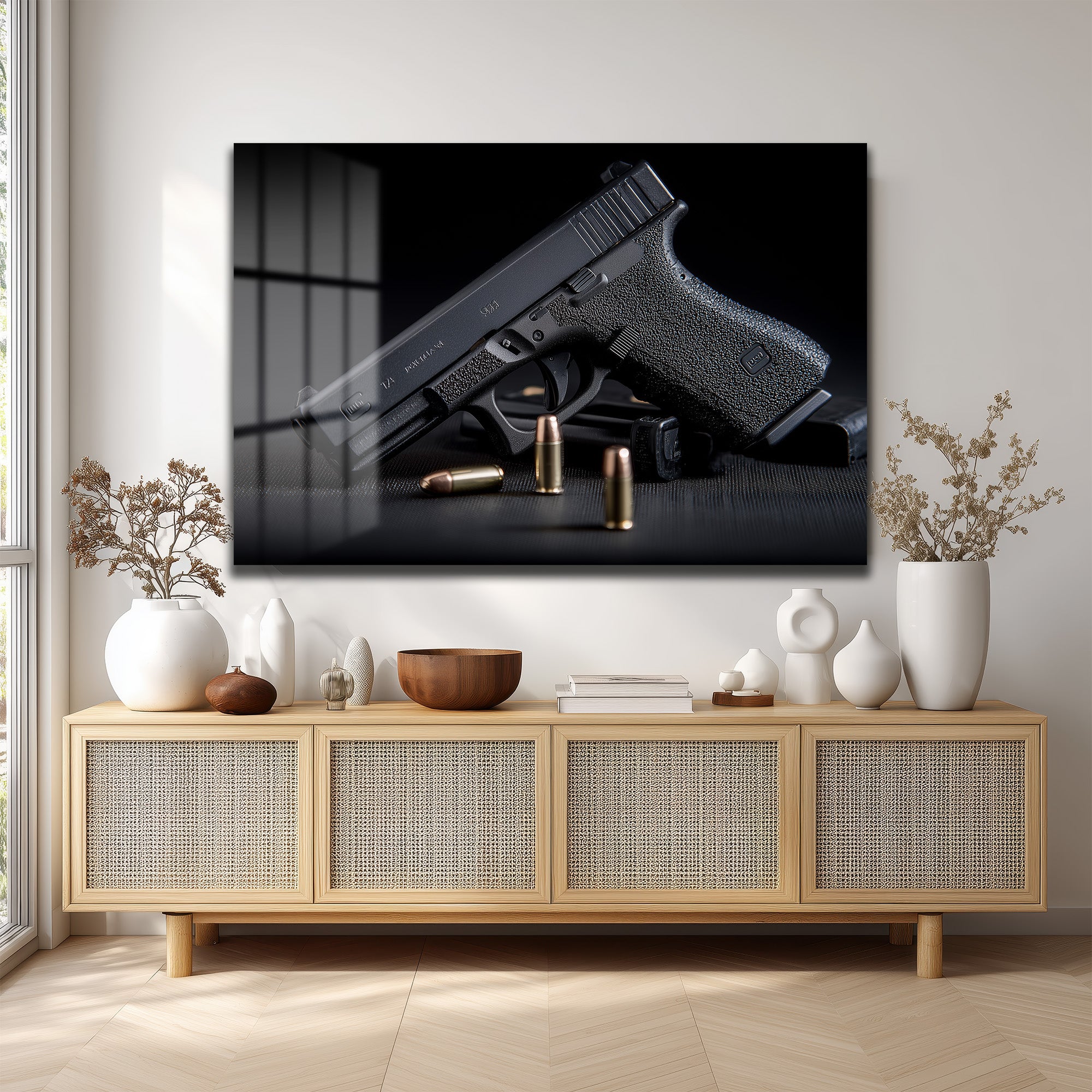 Taktik Zarafet: Glock ve Mermiler Cam Duvar Tablosu