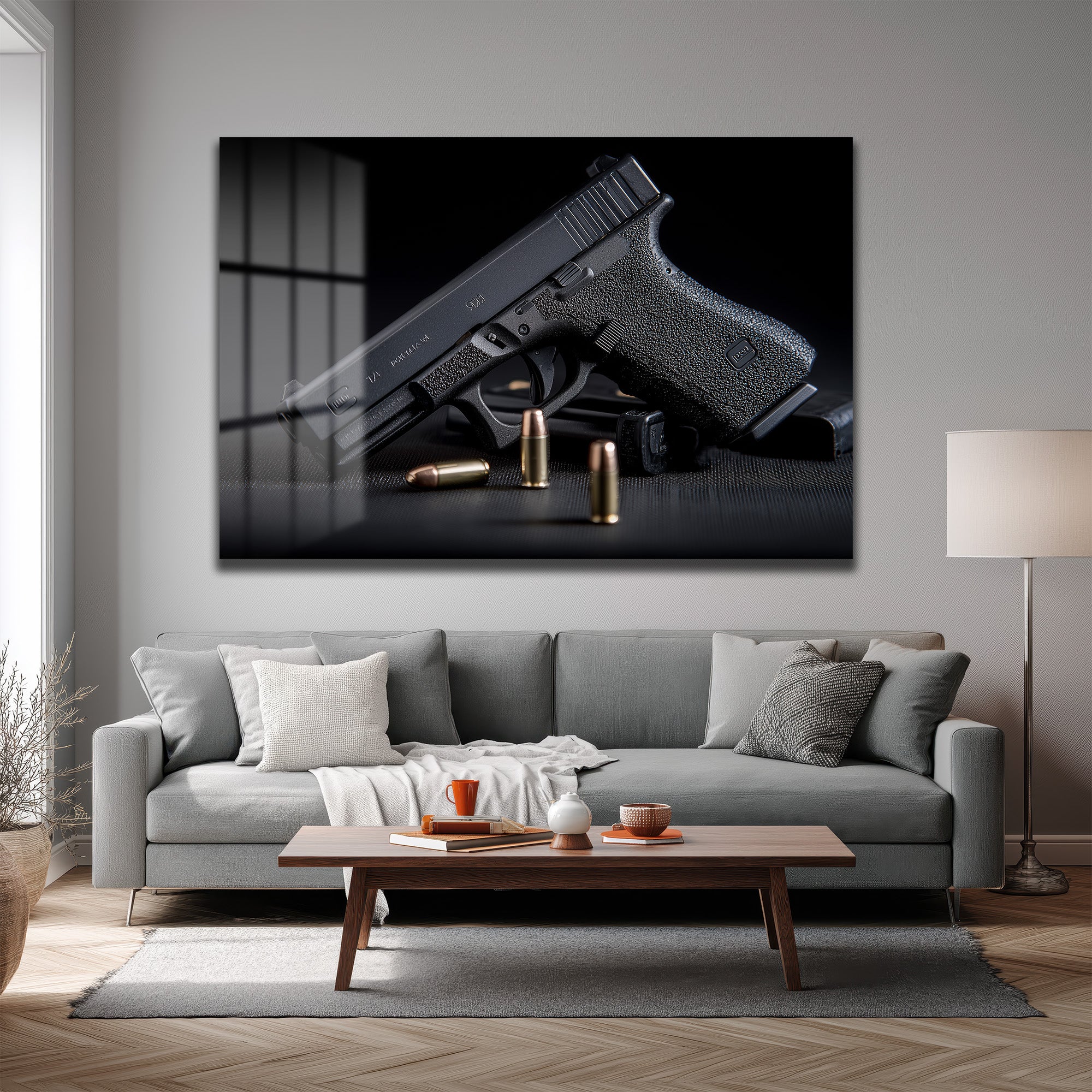 Taktik Zarafet: Glock ve Mermiler Cam Duvar Tablosu