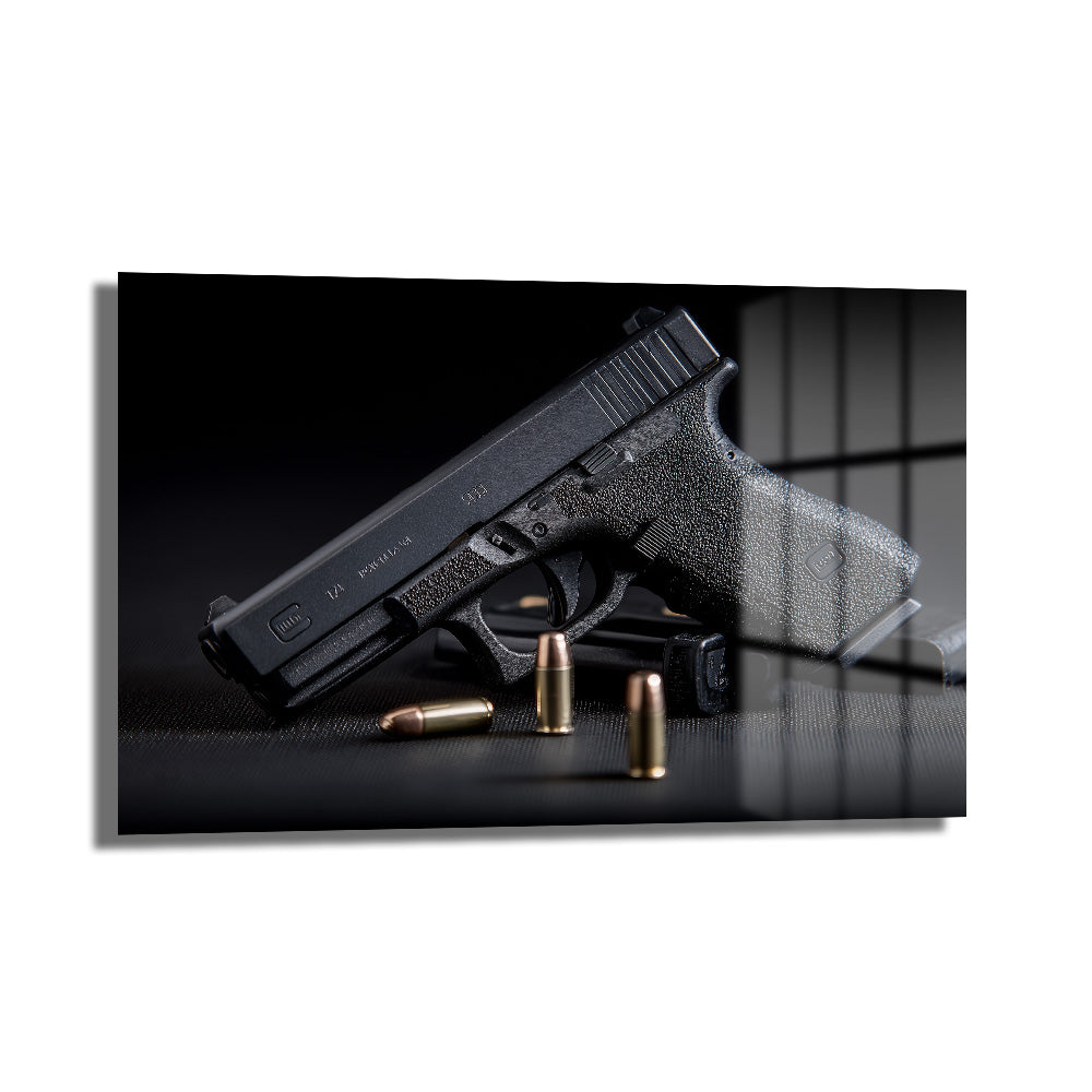 Siyah zeminde duran, detaylı görünümde siyah Glock tabanca, şarjör ve pirinç mermiler içeren temperli cam tablo, modern ofis duvar dekorasyonu.