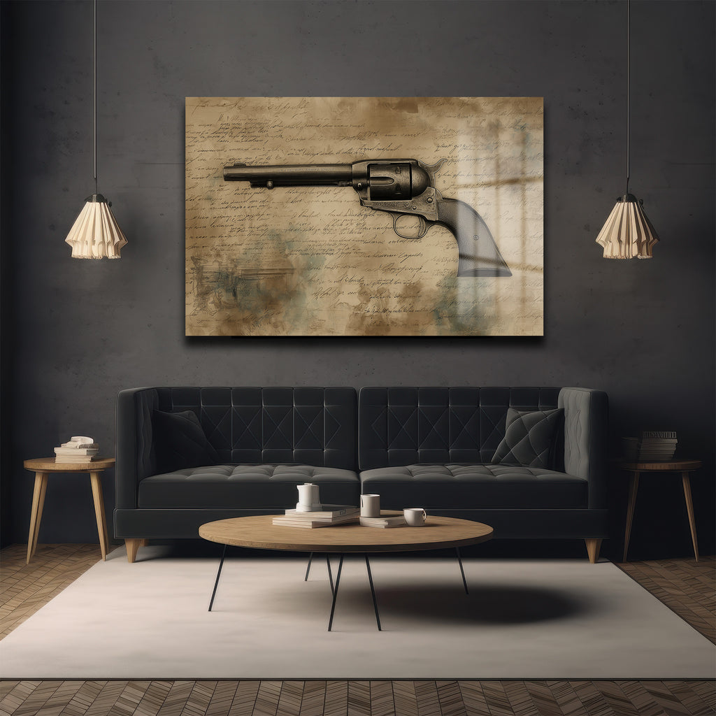 Vahşi Batı'nın Mirası: Antik Revolver Desenli Temperli Cam Tablo