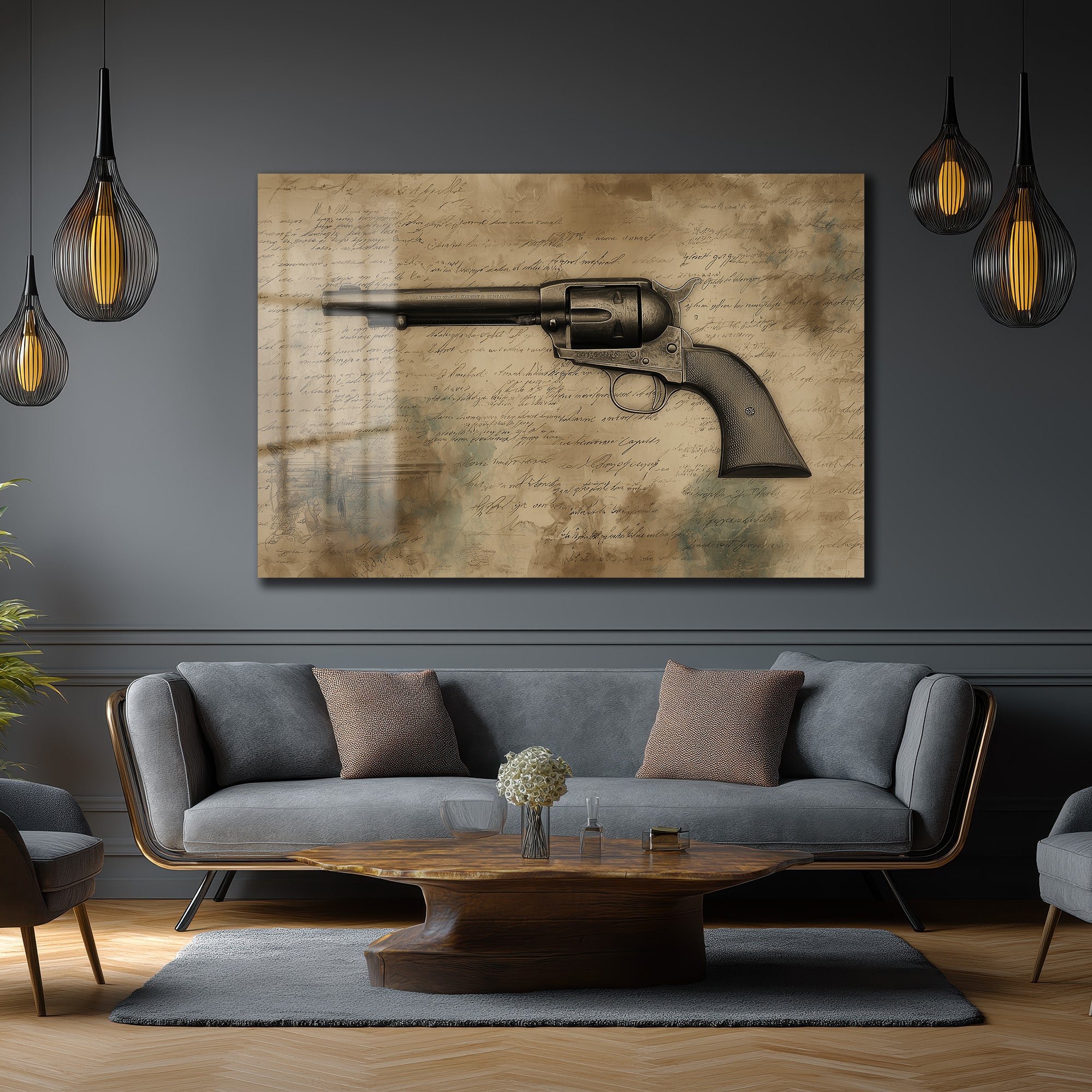 Vahşi Batı'nın Mirası: Antik Revolver Desenli Temperli Cam Tablo