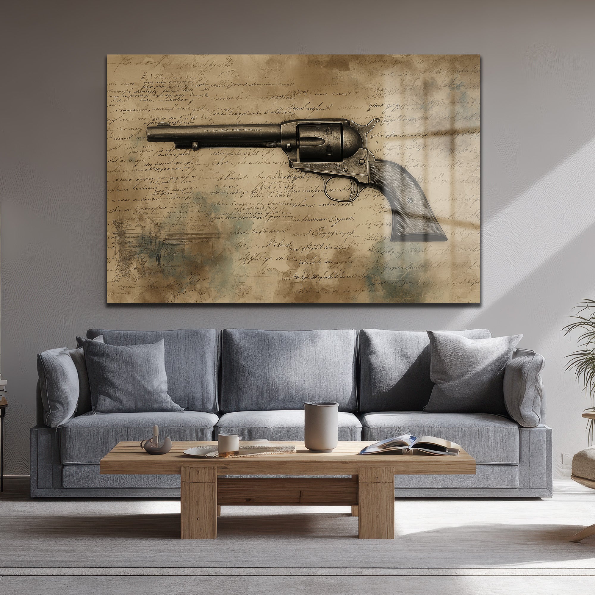 Vahşi Batı'nın Mirası: Antik Revolver Desenli Temperli Cam Tablo