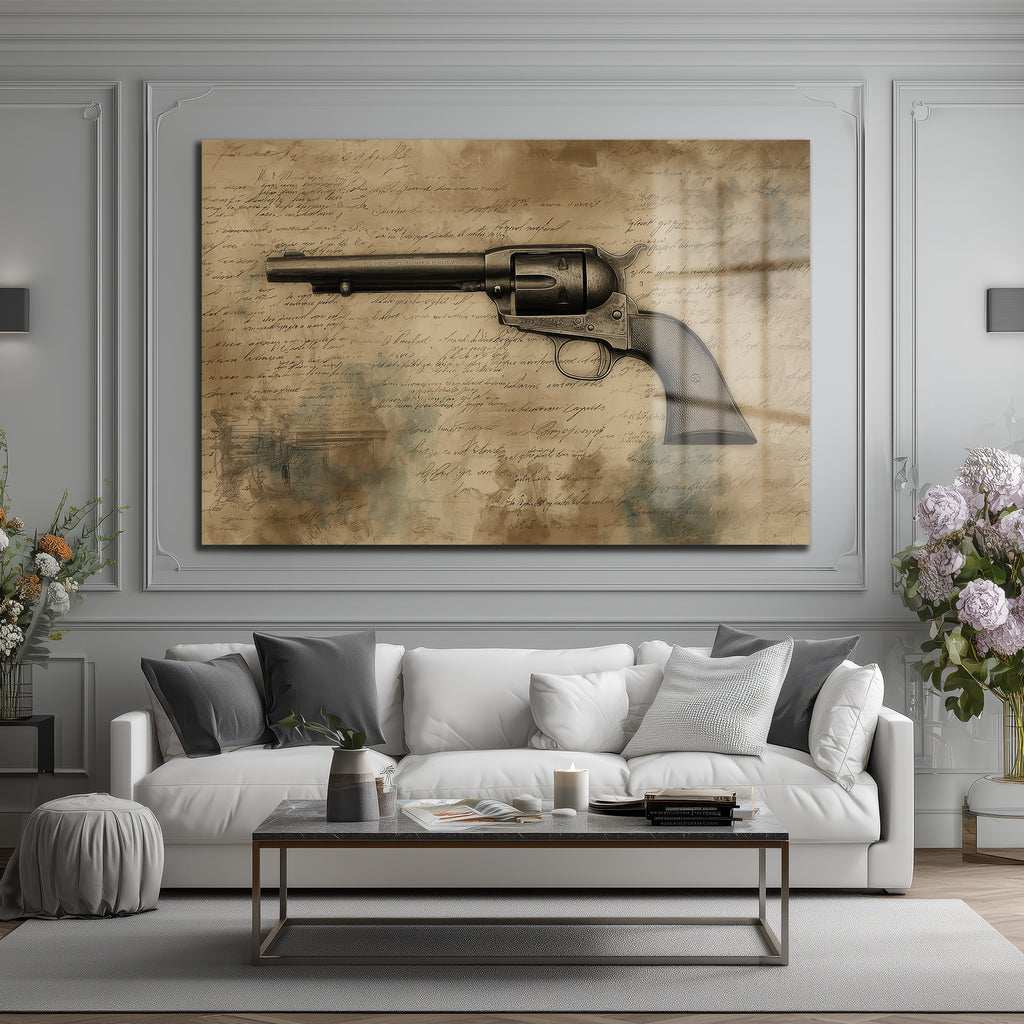 Vahşi Batı'nın Mirası: Antik Revolver Desenli Temperli Cam Tablo